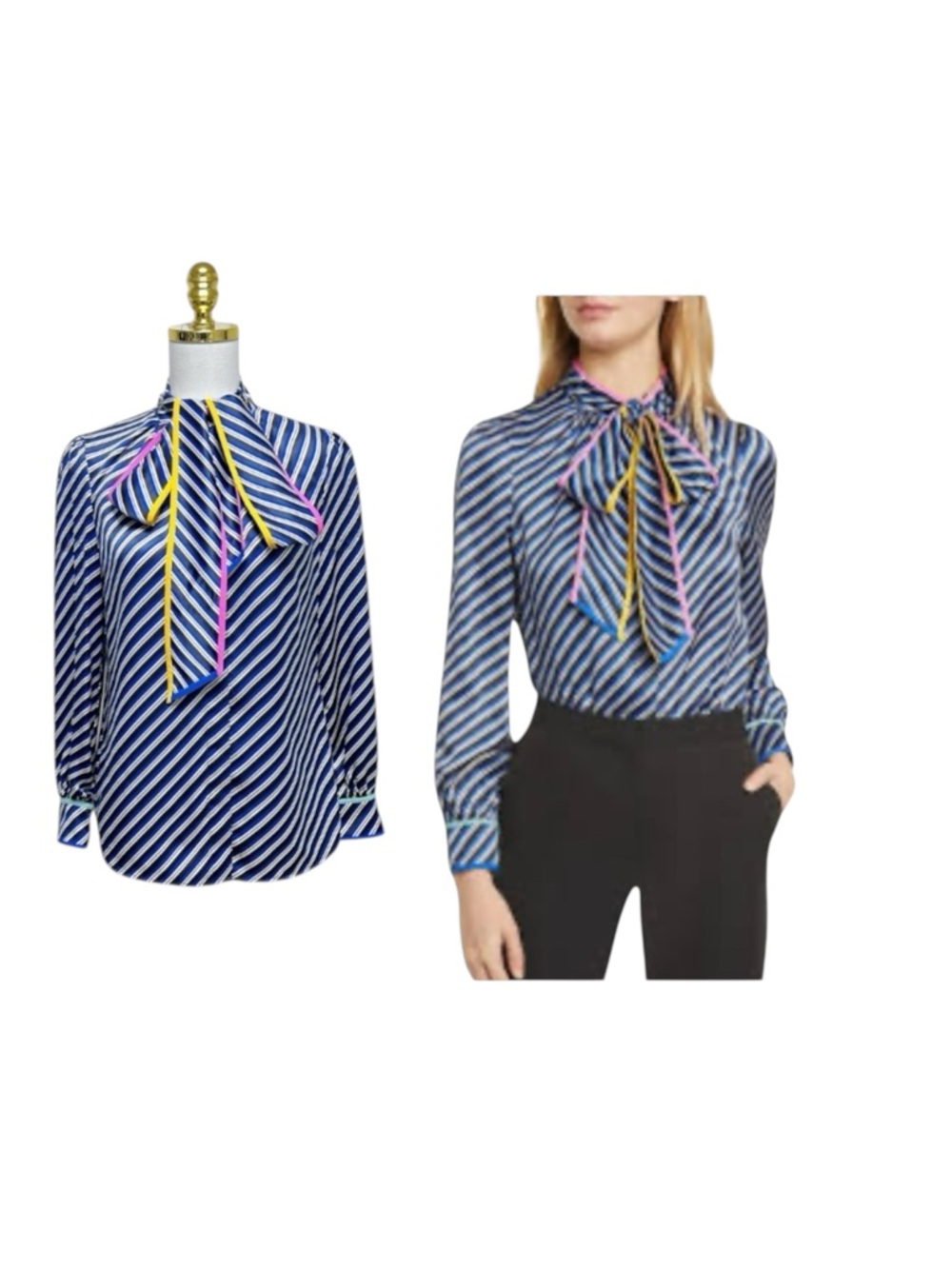 Tory Burch Silk Blue Striped Tie Neck long Sleeves Blouse Size 6